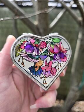 Stained Glass Heart-Shaped Trinket Box with Colorful Hummingbird Floral Design